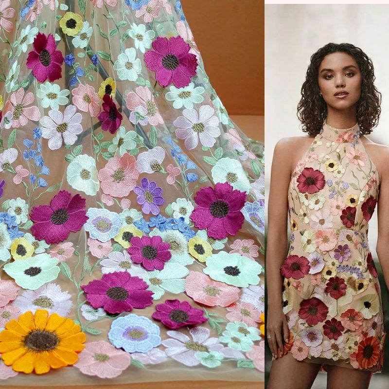 Colorful 3D Flower Lace Fabric - Embroidery Net Dress review and price