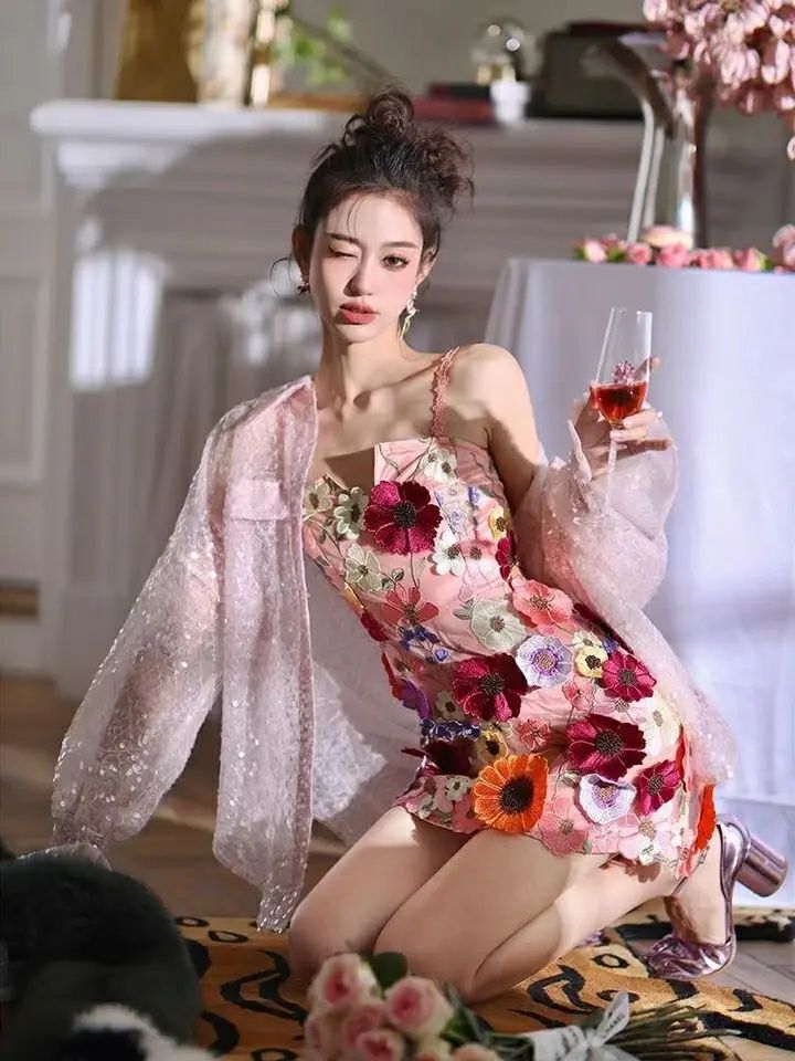 Colorful 3D Flower Lace Fabric - Embroidery Net Dress review and price